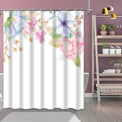 Verngo Blue Pink Floral White Shower Curtain Abstract Aesthetic Blooming Yellow Flowers Green Leaves Bath Curtain Watercolor Polyester Fabric Bathroom Decor 72X72 Inch #TOP14