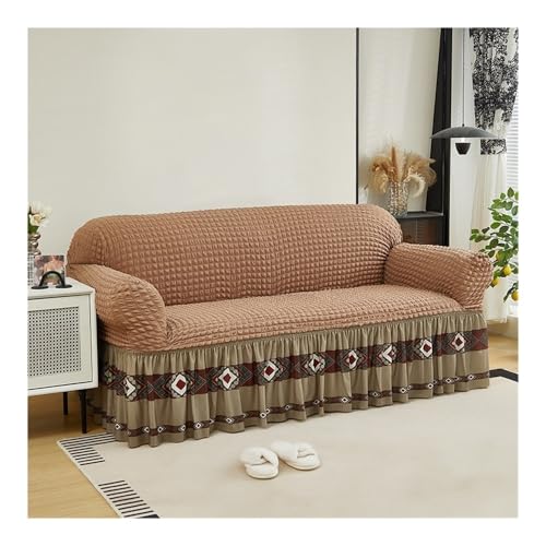 Housse de canapé extensible 4 places camel avec jupe rétro pour salon rustique
