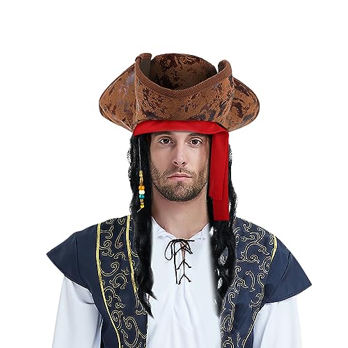 Pirate Hat Tricorn Hat with Braids Halloween Pirate Dreadlock Hat Brown Pirate Captain Hat Wig Prirate Costume Accessories Pirate Cosplay Hat Caribbean Party Hats Medieval Hat Halloween Fancy Dress