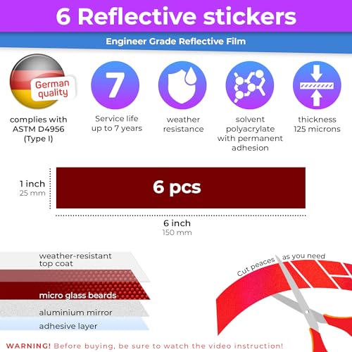 Image of LOOM Reflective Stickers for Helmet | 6pcs Engineer red | Similar to 3M Reflective Tape | Bike Reflectors for Night Riding, Mailbox reflectors | Waterproof hi vis Decals for Car, Trailer