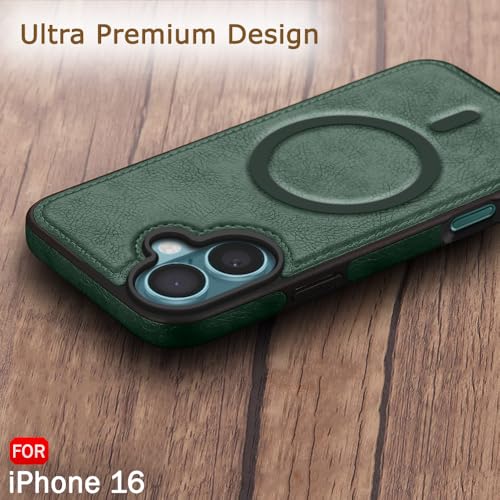 Image of TheGiftKart Genuine Leather Finish Back Cover Case for iPhone 16 | Shockproof Design | Raised Edges for Camera & Screen Protection | Stunning Minimalist Design Case Cover (Compatible MagSafe, Green)