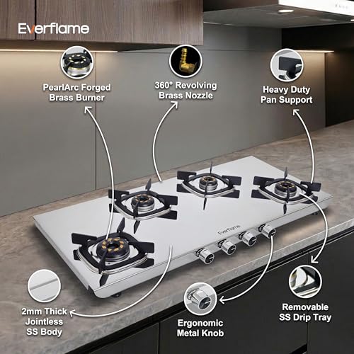 Image of Everflame Photon 4 Burner Gas Stove (Long) | Hard & Durable Steel | ISI Certified | Manual Ignition | 5 Years Warranty on (Body & Burners) + 2 Years Comprehensive Warranty + Doorstep Service
