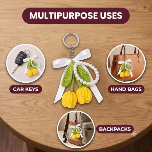Image of Handmade Crochet Tulip Keychain with Pearl String - Cute Floral Bag Charm & Aesthetic Purse Pendant, Knitted Flower Keyring Accessory Gift for Girls & Women
