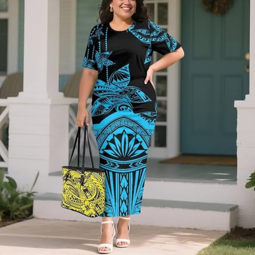 Image of Puletasi Samoan Traditional 2 Piece Outfits for Women Short Sleeve Crop Top and Maxi Skirt Sets Puletasi Dress