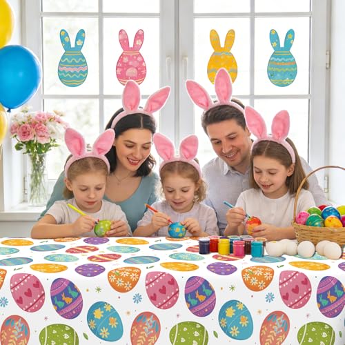 Image of Easter Tablecloth, 6 Pack Colorful Easter Eggs Table Cloth, 54x108 Inch Plastic Disposable Rectangle Spring Table Cover for Easters Tables Decorations Outdoor Picnic Home Kitchen Dinner Party Supplies