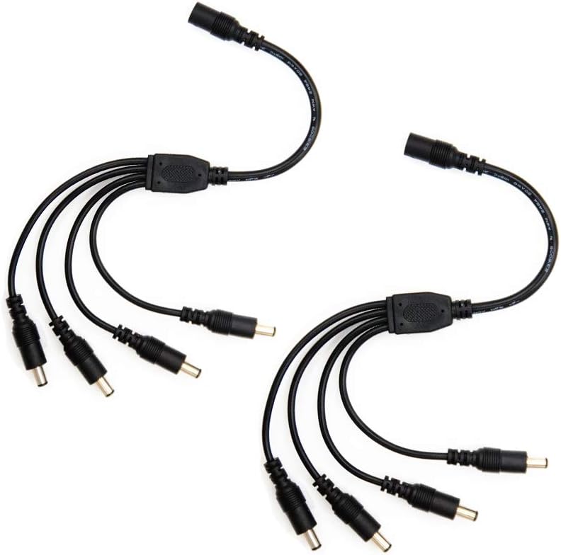 2 Pack Black 1 Female to 4 Male 5.5mm X 2.1mm CCTV DC Power Supply Splitter Cable
