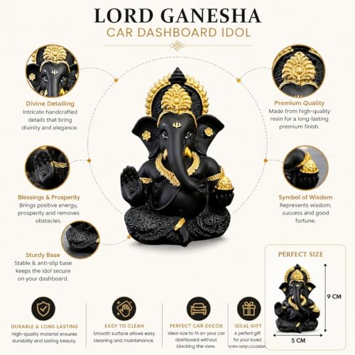 Image of JOY LAND Lord Ganesha Car Dashboard Idol | White & Gold Ganesh Murti for Car Dashboard, Home & Office Decor (Black)