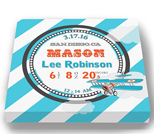 Personalized Stretched Canvas Birth Announcement Gift, Custom Baby Name, Date, Weight Stats, Newborn Airplane Nursery Wall Art Decor, Wooden Frame Construction, Ready to Hang 16X16