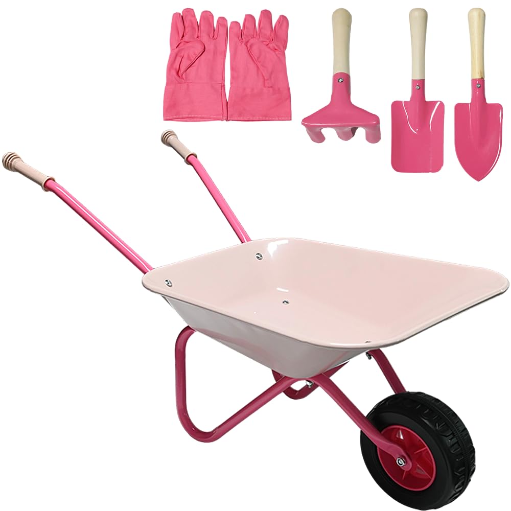Unibos | Pink Kids Wheelbarrow Gardening Set, Children's Metal Wheelbarrow With Gardening Gloves, Hand Trowel, Hand Rake & Scoop Shovel, Puncture Resistant Tyre, Outdoor Toys For Children (Pink)