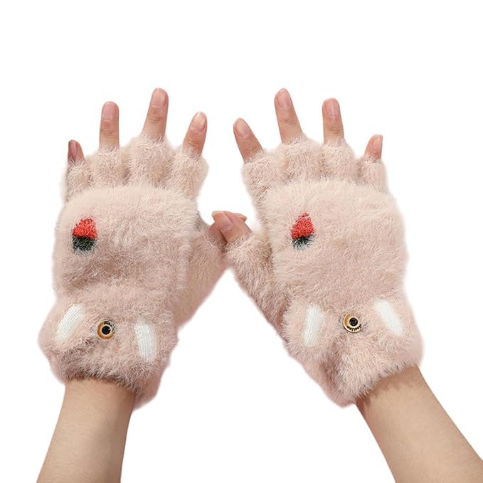 Winter Gloves for Women Fashion Knitted Hand Gloves | Soft Acrylic Wool Half Finger Warm Mitten Gloves for Boys and Girls Fingerless Rabbit Ears Glove-image-9