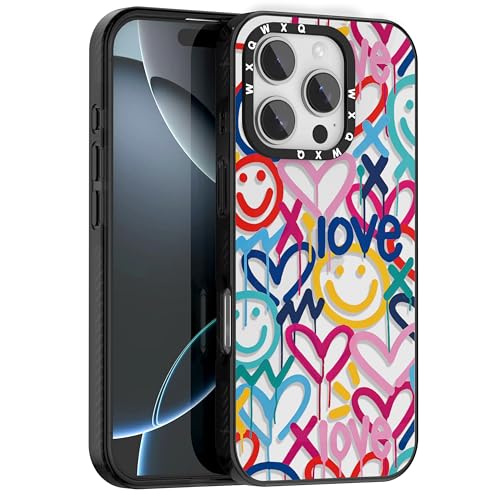 WXQWXQ for iPhone 16 Pro case TPU+PC Premium Painted Anti-Drop Phone Case Superior Shock Absorption Military-Grade Drop Protection Graffiti of Smiley Faces and Heart Shapes Case