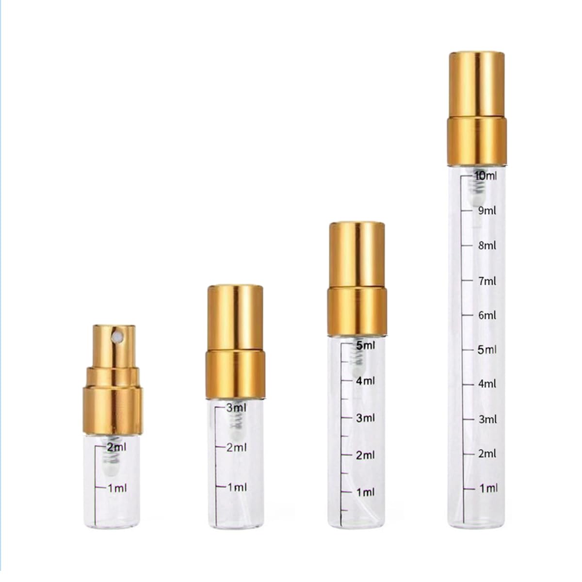 50 100 szt. 2 ml – 10 ml butelek perfum do wielokrotnego napełniania, pusty zestaw butelek z rozpylaczem ze stopniowanymi oznaczeniami, pojemnik na kosmetyki (złoty, 100 szt., 3 ml)