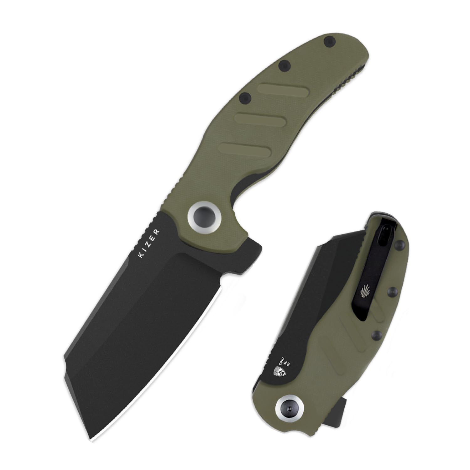 Kizer C01C XL Sheepdog Taschenmesser, 9,9cm D2 Schafsfuß Klinge EDC Klappmesser mit Grünem G10 Griff, Liner Lock, Flipper und Taschenclip, Camping-Überlebensmesser für Männer und Frauen, V5488M1