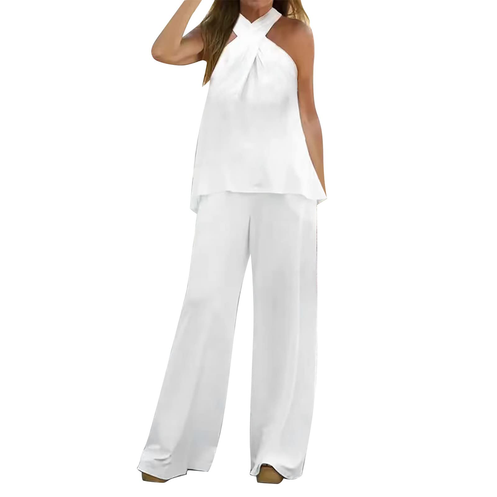 Generic Trajes de mujer de 2 piezas Boho Casual Color sólido Cuello colgante sin mangas Top suelto Pantalones anchos Pantalones Traje de dos piezas Ropa de oficina Mujer
