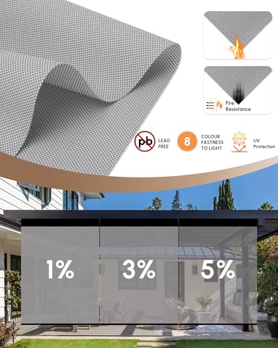 Image of Kincmo Motorized Outdoor Shades for Patio Porch, Custom Outdoor Motorized Blinds with Remote, Waterproof & Windproof Patio Shades Work with Apple Home,Alexa,Google (White Grey-5% Openness)