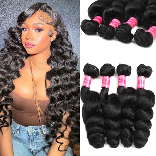 Mslily Loose Wave Bundles Human Hair 4 Bundles 18 20 22 24 Inch 100% Unprocessed Brazilian Virgin Human Hair Loose Deep Wave Bundles Can Be Dyed and Bleached Natural Black Color