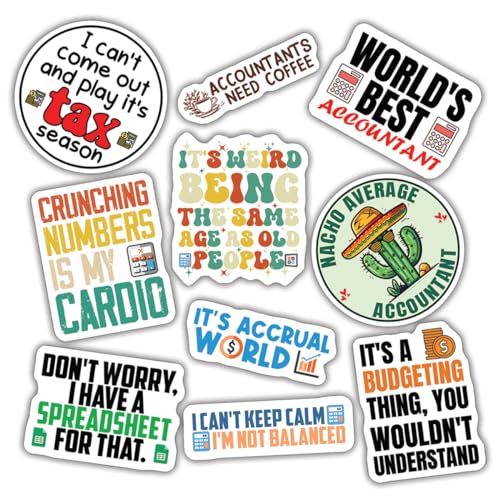 10pcs Accountant Stickers Sheet Funny CPA Gift Tax Season Accounting Spreadsheet Vinyl Decal Multiple Design, Waterproof, UV-Resistant, for Water Bottle, Scrapbook, Laptop, Car (Design 1)