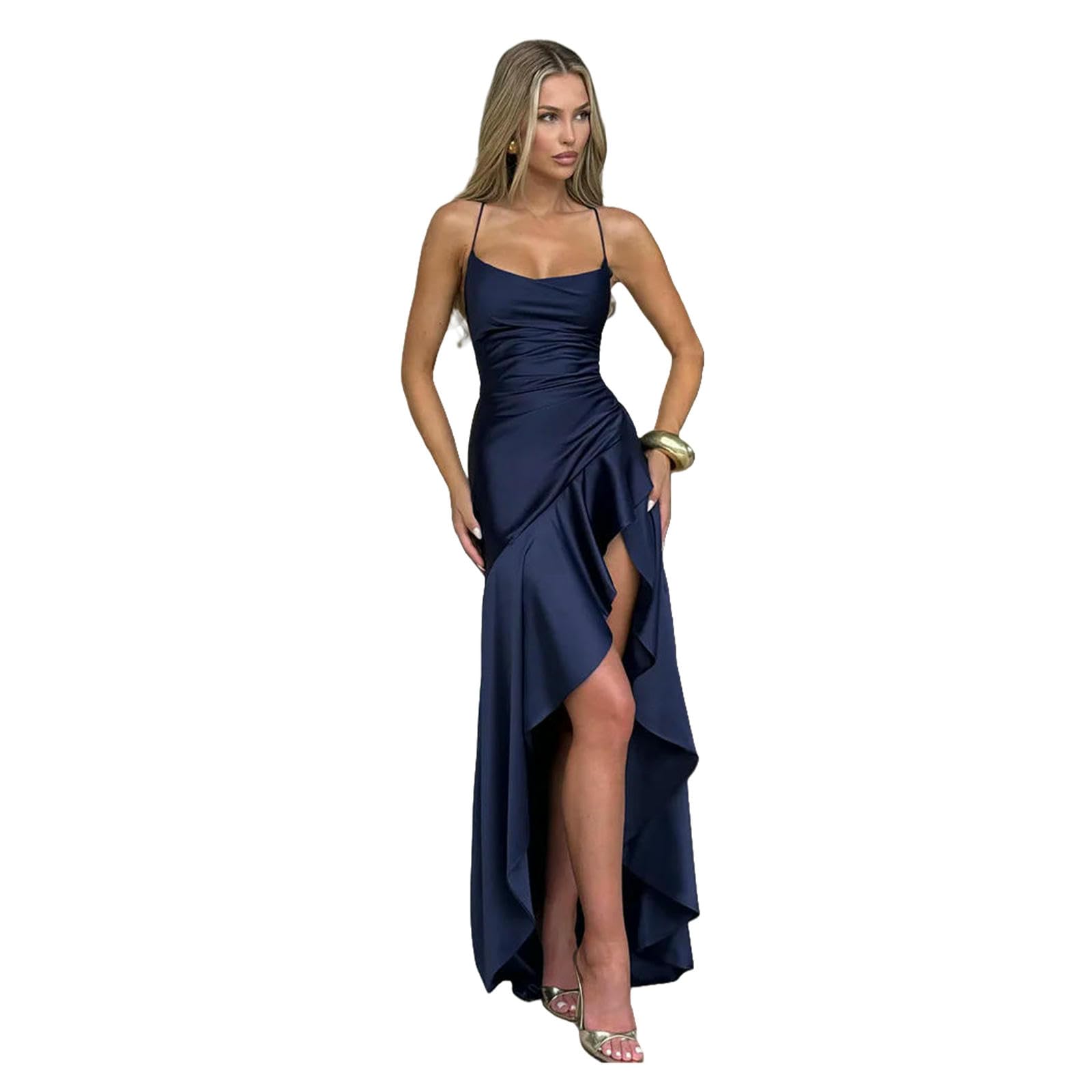 CHENSHI Sukienki na imprezę damskie eleganckie eleganckie spaghetti z satynowymi paskami rozcięcie maxi kobiety seksowne bez pleców z tyłu wieczorowe sukienka na plażę wakacje lato - granatowy - L