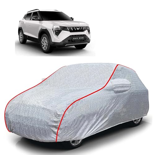 Image of Sulfar 100% Waterproof Car Body Cover Compatible with Mirror for Mahindra XUV 3XO (Triple Stitched, Full Bottom Elastic, Magic Silver with Red Piping)