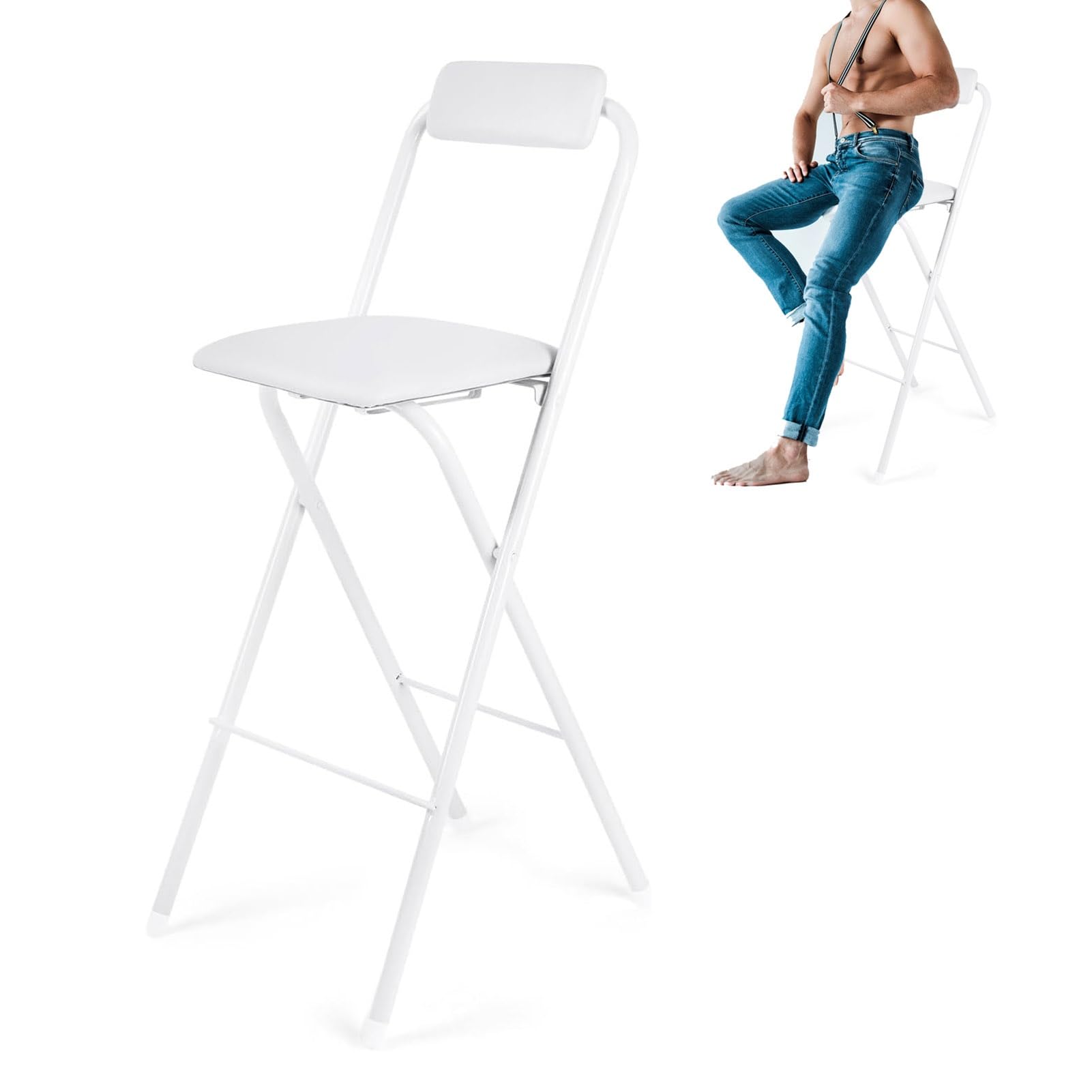 Folding Kitchen Stool 65/70/75cm White Bar Chair High Stool Folding Metal Pub Party Shop Bedroom Padded Seat with Capacity of 120kg (Color : White, Size : 65cm/26in)