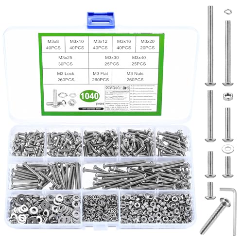 1040 Stk M3 Schrauben Set, Linsenkopf Innensechskantschrauben Muttern Set, Linsenkopfschrauben mit Muttern Set, Maschinenschrauben Sortiment, Gewindeschrauben und Muttern mit Unterlegscheiben Set