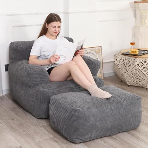 LOVMOC Giant Bean Bag Chair for Adults, Bean Bag Sofa Chair with Ottoman, Comfy Reading Chair for...