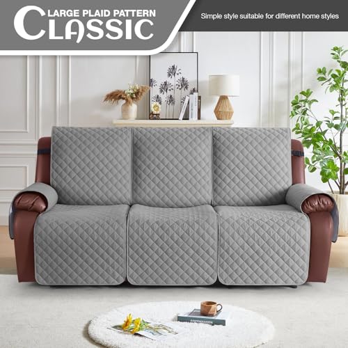 Image of KinCam 100% Waterproof Recliner Sofa Covers, Non-Slip Reclining Couch Covers for 3 Seat, Recliner Couch Cover Furniture Protector with Elastic Straps for Pets, Kids, Light Gray