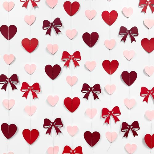 Image of Heart Bow Decorations Burgundy Red Pink Heart Bow Hanging Garland Streamer for Anniversary Birthday Valentines Bachelorette Wedding Baby Shower Bridal Shower Engagement Hen Party Decorations Supplies