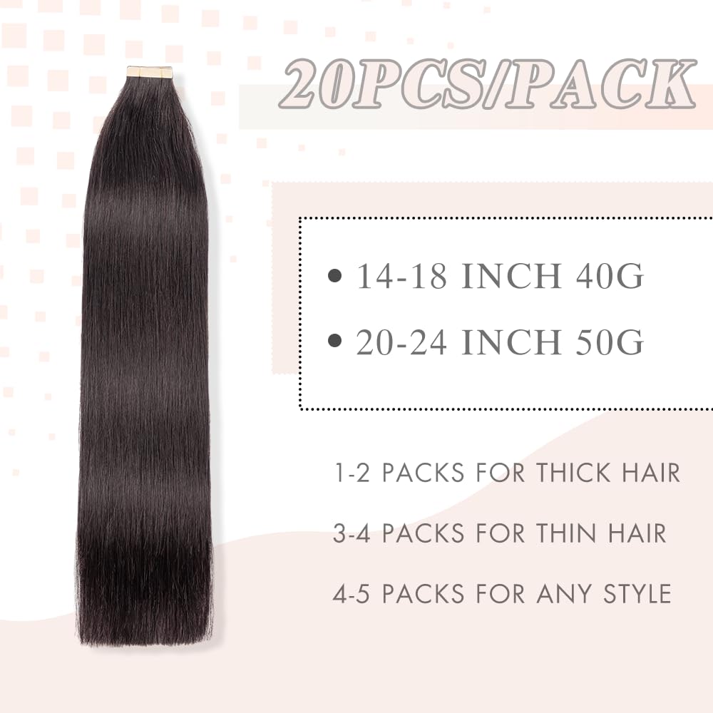 YDDM Extensiones Adhesivas Pelo Natural 20pcs 35cm 40g Negro - Extensiones De Cabello Humano (14 Pulgadas, 1B#)