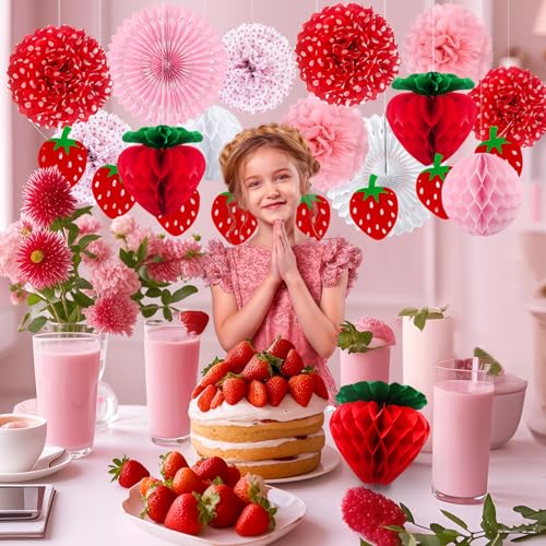 Image of 16 Pcs Strawberry Birthday Decorations - Tissue Pom Poms, Honeycomb Ball, Garland & Fans for Berry Sweet Baby Shower, Strawberry Shortcake Birthday Decorations and Girls Party Supplies