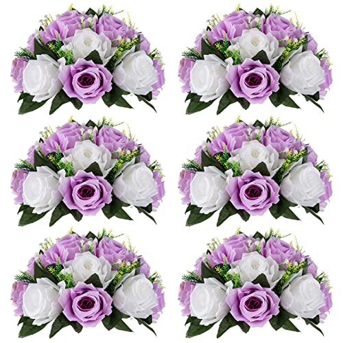 Image of NUPTIO Flower Wedding Centrepieces for Tables - 6 Pcs 9.5in Diameter Lilac & White Artificial Flowers Rose Ball for Centerpieces Table - Fake Rose Arrangements for Weddings Birthday Party Decor