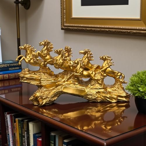 Image of 7 Running Horses | Vastu, Feng Shui Statue for Good Luck Wealth Health Happiness White Horses with Golden Touch | Home Decor Gift for Home, Office, Resin (L-17, H-10 Inch) (Yellow-Golden)