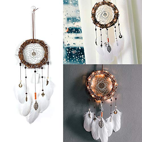 Homvik Atrapasueños con Pluma Natural Cazador de Sueños Hecha a Mano Adorno Colgante Pared Dream Catcher con LED luz Decoración Colgante Pared Artesanía Colgante