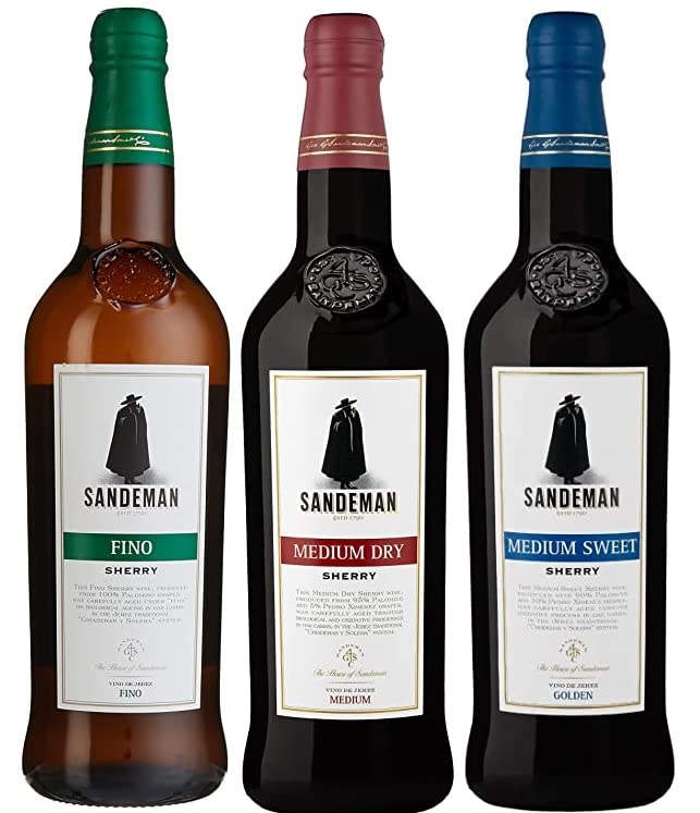 3 Flaschen Sandeman Mix aus 3 Sorten a 0,75 L 15% vol. 1x Sandeman Fino 1x Sandeman Sherry Medium 1x Sandeman Sherry medium sweet