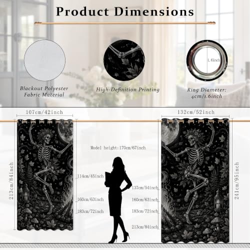 Rideaux occultants gothiques noirs avec motifs squelettes fantastiques