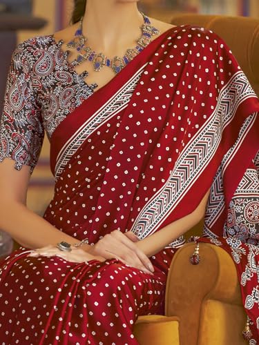 Image of SAREE MALL Women's Ajrkh Print Satin Crepe Polka Dot Printed Saree With Unstitched Blouse Piece