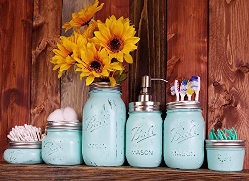 Customized 4, 5 or 6 Piece Painted Mason Jar Toilet Set with Cleaning soap Dispenser Lid, Toilet Equipment, Rustic Farmhouse Decor, Nation Stylish Decor, Out there in 20 Colours – Sea Blue