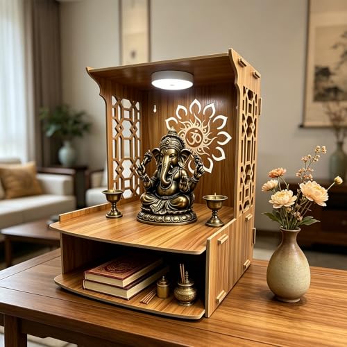 YJREW Wooden Pooja Mandir for Home in USA with LED Light Om Sun Design Wall Mounted/Tabletop Puja Temple with Storage Shelf for Indian Hindu Religious Use
