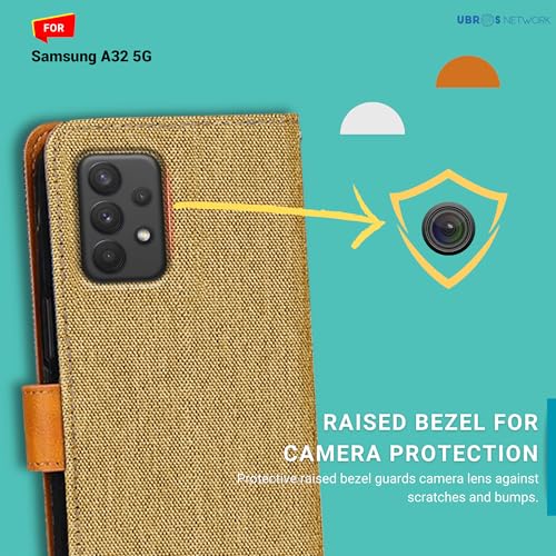 Image of Flip Cover for Samsung A32 5G | Denim & Leather | Luxury Wallet Folio | Two-Tone Design | Shockproof Wallet Style Flip Case for Samsung A32 5G (Light Brown)