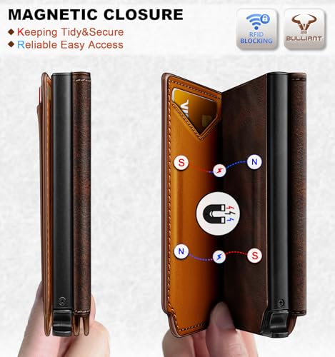 Image of BULLIANT Men Wallet Leather Wallet Card Holders Money Clip for Men 10Cards-Magnetic Flip on Metal Case
