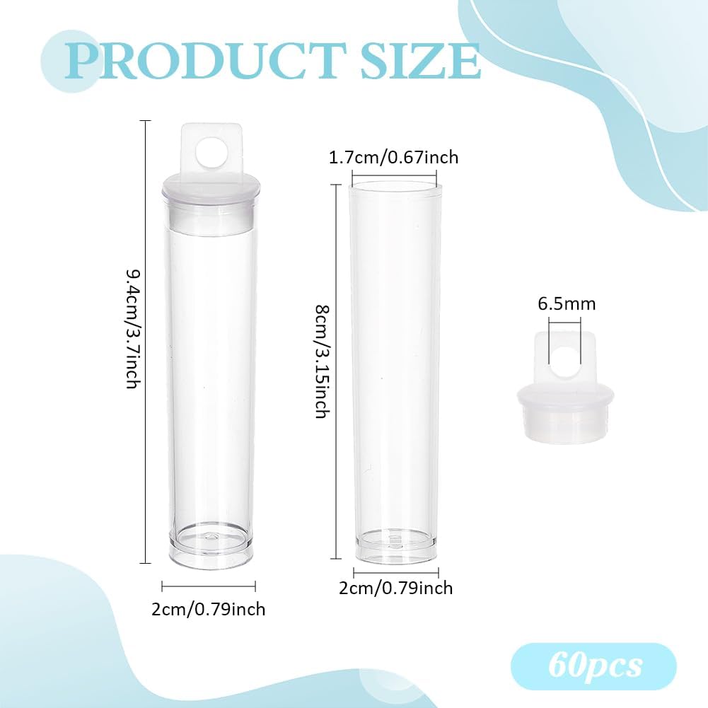 BENECREAT 60 Pack 3.7 Inch/9.4cm Height 0.79inch/2cm Diameter Plastic Tube Containers with Hanging Caps, Clear Column Storage Tubes for Beads Bath Salts and Small Item Organization
