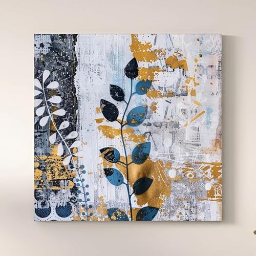 Image of Abstract Botanical Stretched Canvas Wall Art Painting for Living Room | Modern Floral Canvas Artwork Painting | Contemporary Decorative Wall Decor for Home & Office, 22x22 Inch