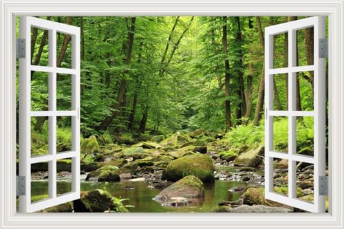 Removable Wall Sticker Mural Decals Relax Open Window View Green Tree Forest Still Life Nature Photography Landscape Art for Home Bedroom Living Room Apartment Office Farmhouse Decorations - 24'x36'