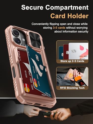 Image of Vihibii for iPhone 16 Case Wallet with Card Holder (4 Cards) [RFID Blocking] & Slide Camera Cover, Military Grade Drop Protection, Rugged Back & Silicone Edge Phone Cover, 6.1 inch 2024, Rose Gold