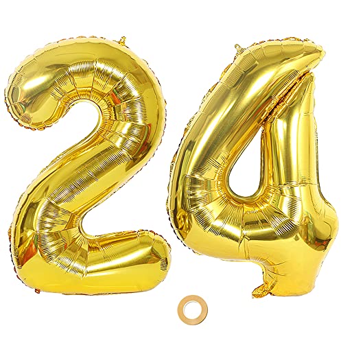 Ceqiny 40 Inch 24th Number Balloon Mylar Balloon Giant Balloon Alphabet Foil Balloon for Birthday Party Wedding Bridal Shower Engagement Photo Shoot Anniversary Decoration, Gold Digit 24 Balloon