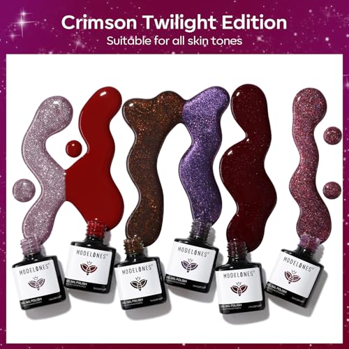 Image of modelones Gel Nail Polish Set 6 Colors Winter Dark Red Burgundy Brown Purple Glitter Gel Nail Polish Color Changing Sparkle Shimmer Polish Kit Soak Off UV Nail Art DIY Salon Gifts For Women Girl