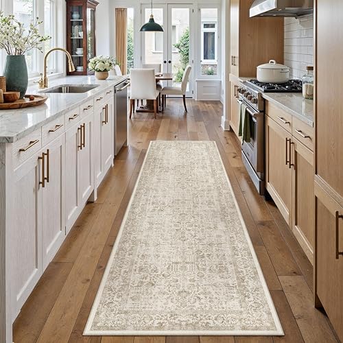 Light Brown Runner Rug 2x7 Hallway Machine Washable Kitchen Vintage Distressed Non Slip Long Carpet Indoor Retro Floral Bedroom Accent Throw Rug for Bathroom Office Laundry Dining Room