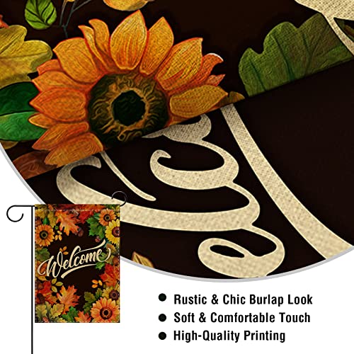 Artofy AR-083 Welcome Fall Sunflower Maple Leaves Garden Flag, Autumn Home Decorative House Yard Outside Small Flag Double Sided Acorns Seasonal Decor, Thanksgiving Farmhouse Outdoor Burlap Decorations 12X18 thumb #2