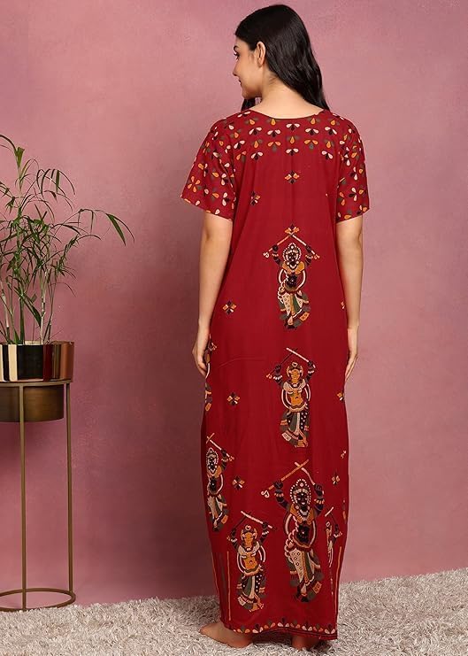 Image of PITINAN Pure Cotton Embroidered Nighty for Women | Maxi Night Gown | Jaipuri Cotton Nightdress with Pocket & Adjustable Knot | Comfortable Sleepwear