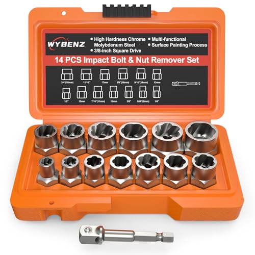14 PCS Bolt Extractor Set, 3/8' Drive Impact Bolt & Lug Nut Remover Socket Tool Kit, Stripped Bolt Extractor Socket Set For Broken,Damaged, Frozen, Studs, Rusted, Rounded-Off Bolts, Nuts & Screws